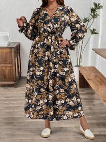 SHEIN LUNE 大码女式花卉印花重叠 V 领长袖优雅连衣裙，适合度假长款女装