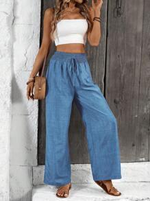 Breezaya Pantalones rectos relajados con lazo delantero de unicolor - Azul - Ver 3