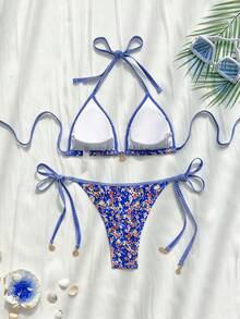 随机小碎花吊带露背短款上衣和侧系带下装 2 件套比基尼套装 - 彩色 - 查看 2