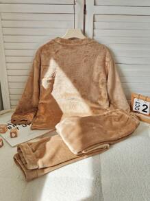 女孩青少年星星刺绣羊毛圆领长袖和裤子套装，适合秋冬季、家庭聚会、派对 - 棕色 - 查看 2