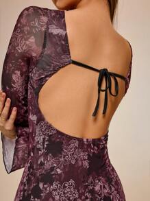 Glamine 1 pieza Vestido con estampado floral elegante en todo el Body, mangas acampanadas, cintura con lazo y espalda descubierta, atuendo para fiesta de Navidad
