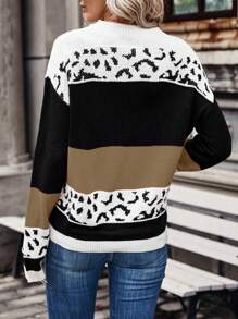 SHEIN LUNE Women Color Block Leopard Pattern Intarsia Knit Sweater, Casual For Autumn/Winter Knit Pullover Fall - Khaki - View 2