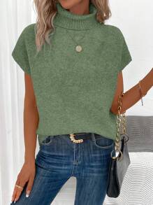 EMERY ROSE 女式休闲舒适纯色高领宽松蝙蝠袖针织毛衣 - 軍綠色 - 查看 6