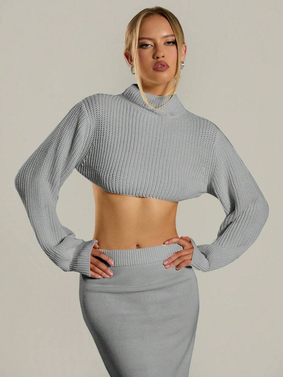 MUSERA Chunky Knit Extreme Long Sleeve Crop Sweater - Grey - View 1