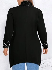 SHEIN CURVE+ 大码波点拼接长袖简约T恤，休闲日常穿着，春季女式印花上衣 - 黑色 - 查看 2