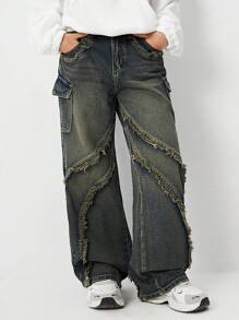 Teenager Jungen Y2K lässige used vintage gewaschene weite Jeans Cargohose, geeignet für modische Outfits im Alltag - Dunkle Waschung - Übersicht 4