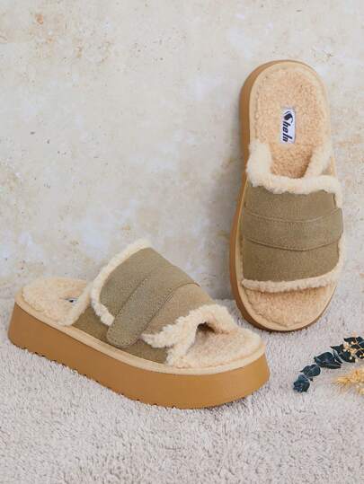 SHUZIA صنادل نسائية جميلة للاستخدام اليومي مصنوعة من فرو الخراف (شيربا)