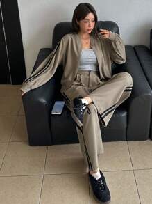 DAZY 2pcs Women Contrast Color Strap Jacket & Wide Leg Pants Set,Fall Clothes