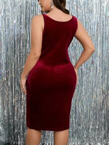 SHEIN Clasi 大码女式细肩带性感晚礼服，秋冬酒红色女装 - 酒紅色 - 查看 2