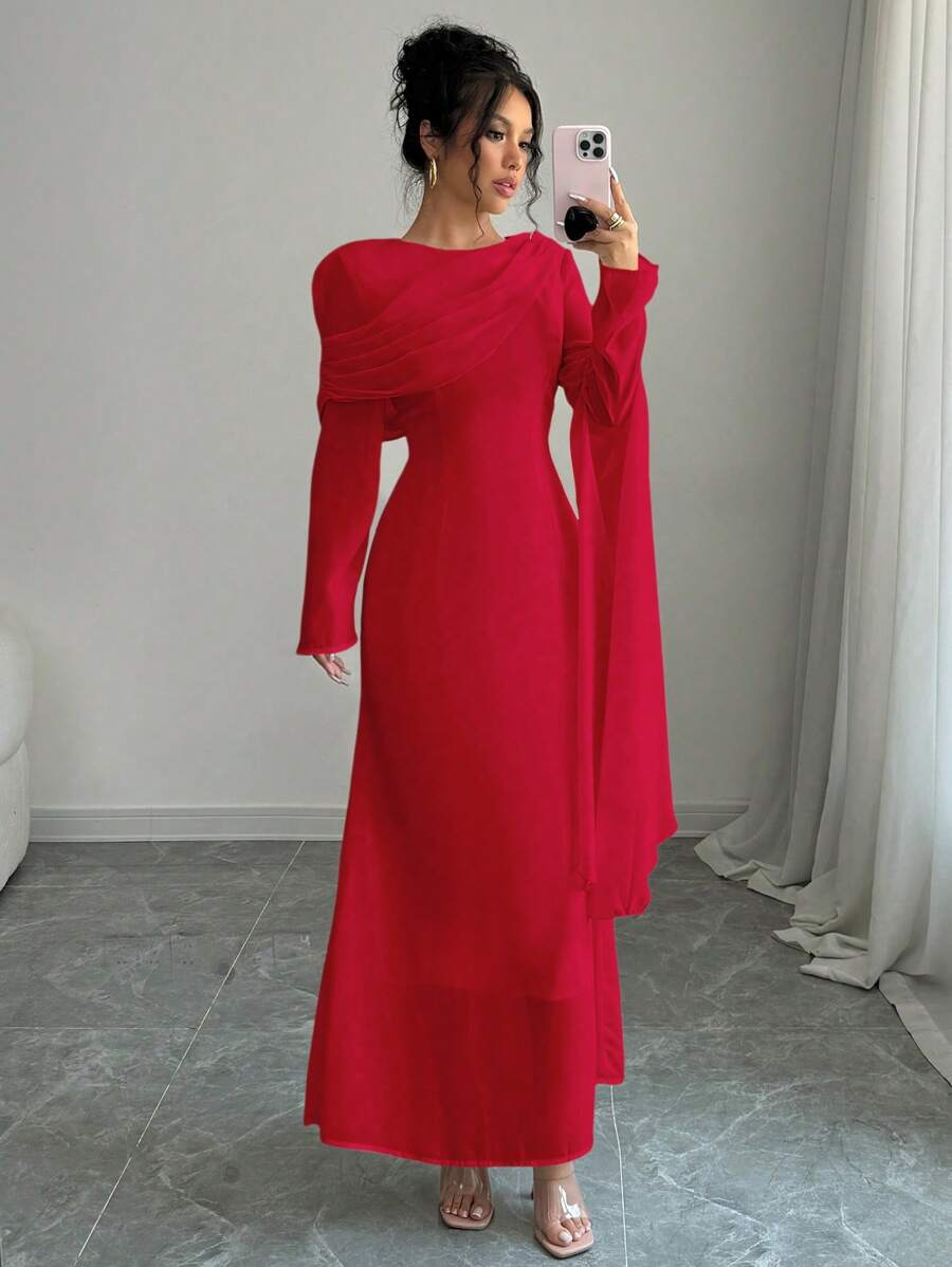 SHEIN Unity 不对称荷叶边高领长袖连衣裙新年服装长款女装 - 紅色 - 查看 1