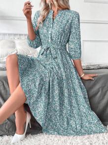 SHEIN Clasi 女式长立领碎花连衣裙 长款女装 - 藍色 - 查看 5