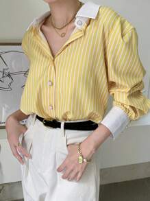 INAWLY 女款休閒法式黃色鈕扣長袖襯衫，適合日常穿著，秋季女式襯衫，適合辦公室與早午餐場合 - 黃色 - 查看 3