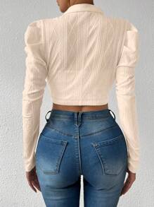 Calvaya Padded Gigot Sleeve Textured Fashionable Cropped Cardigan Jacket, White