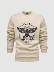 Manfinity Homme 男士鹰字母印花圆领休闲套头运动衫，秋季 - 卡其色 - 查看 1