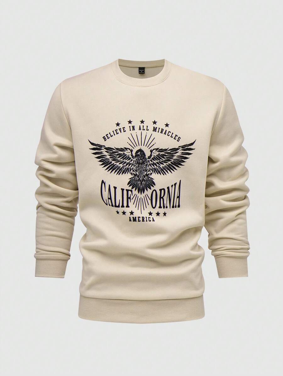 Manfinity Homme 男士鹰字母印花圆领休闲套头运动衫，秋季 - 卡其色 - 查看 1