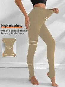 SHEIN LUNE 女式纯色高腰修身打底裤，休闲日常穿着 - 卡其色 - 查看 4