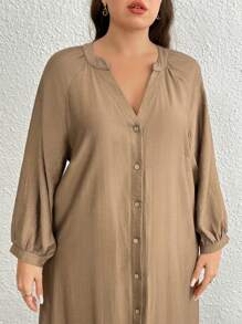 SHEIN LUNE Vestido casual largo de manga larga con botones frontales y escote en V de unicolor para mujer de talla grande