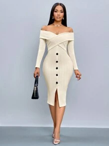 SOLERSUN Đầm nữ mùa thu giản dị, thanh lịch, cài nút ở giữa phía trước, ve vai một đường thẳng và xẻ tà - Màu be - Xem 4