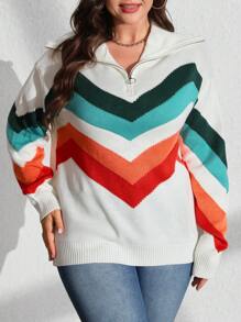 SHEIN LUNE Plus Size Women's Contrast Color Turtleneck Zip-Up Knitted Pullover Sweater, Casual Minimalist Style, Suitable For Halloween, New Year, Valentine's Day, Thanksgiving, Christmas, Easter, National Day, Gala, New Year's Eve, For Winter  Fall Outfit