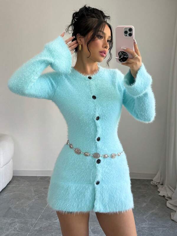 Elenzga Cardigan clasic cu mânecă lungă, elegant, cu gât rotund, cu nasturi în față