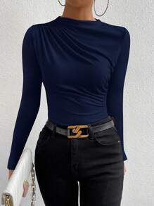 Calvaya Women's Solid Color Stand Collar Long Sleeve Pleated Casual T-Shirt, Autumn
