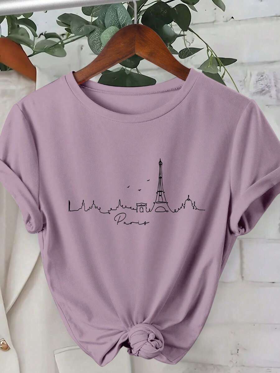 INAWLY 巴黎风景轮廓女式 T 恤，别致线条艺术印花圆领短袖休闲 T 恤图案 T 恤女式上衣 - 紫色 - 查看 1