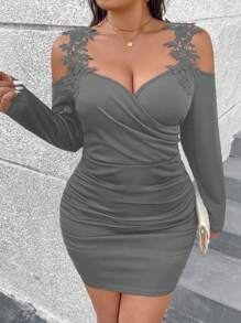 SHEIN Clasi Plus Size Elegant Embroidered Applique Off Shoulder Ruched Fitted Dress, For Autumn - Grey - View 5