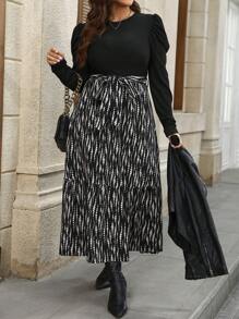 SHEIN LUNE Vestido de manga larga con cuello redondo, manga raglan, bloqueo de color y detalle de moño para tallas grandes