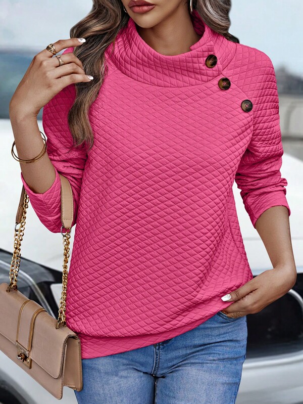 SHEIN LUNE Women Solid Color Stand Collar Button Design Long Sleeve Casual Sweatshirt, Autumn Pullover Fall Outfit