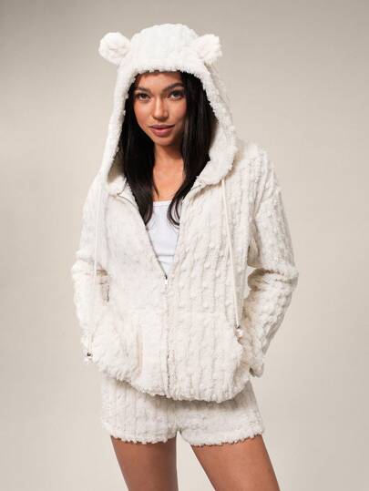 Forever 21 Autumn/Winter New Style Hoodie With Cute Bear Ear, Funny Fluffy Long Sleeve Casual Jacket And Elastic Waistband Fluffy Shorts Set