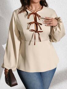Flirla Plus Size Women Elegant Casual Commuter Solid Color Contrast Color Bowknot Waist A-Line Long Sleeve Shirt, Spring & Autumn