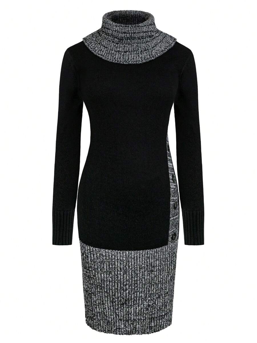 SHEIN LUNE 大码拼色拼接高领长袖针织毛衣连衣裙，秋冬季休闲装
