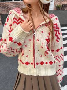 Jouncy Cardigan cu glugă cu șnur din jacquard, casual, pentru femei, toamnă/iarnă - roșu - Vizualizare 6