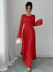 Elenzga 优雅 A 字腰收腰喇叭袖连衣裙，杏色，适合新年服装长款女装 - 紅色 - 查看 5
