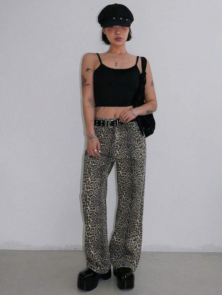 Women's Spring/Summer Long Leopard Print Denim Jeans, Casual & Fashionable For Everyday Wear Cheetah Print
