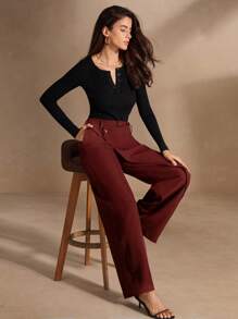 Anewsta Pantalones rectos con bolsillos de unicolor con drapeado asimétrico y cruce envolvente, para ropa de Año Nuevo
