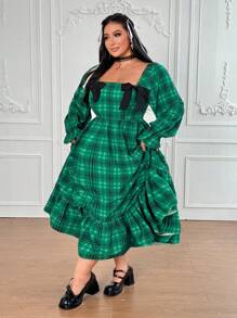Lyrianda Vestido midi de manga abullonada, tipo fluido, con lazo a la cintura y estampado de cuadros verdes para mujer de talla grande