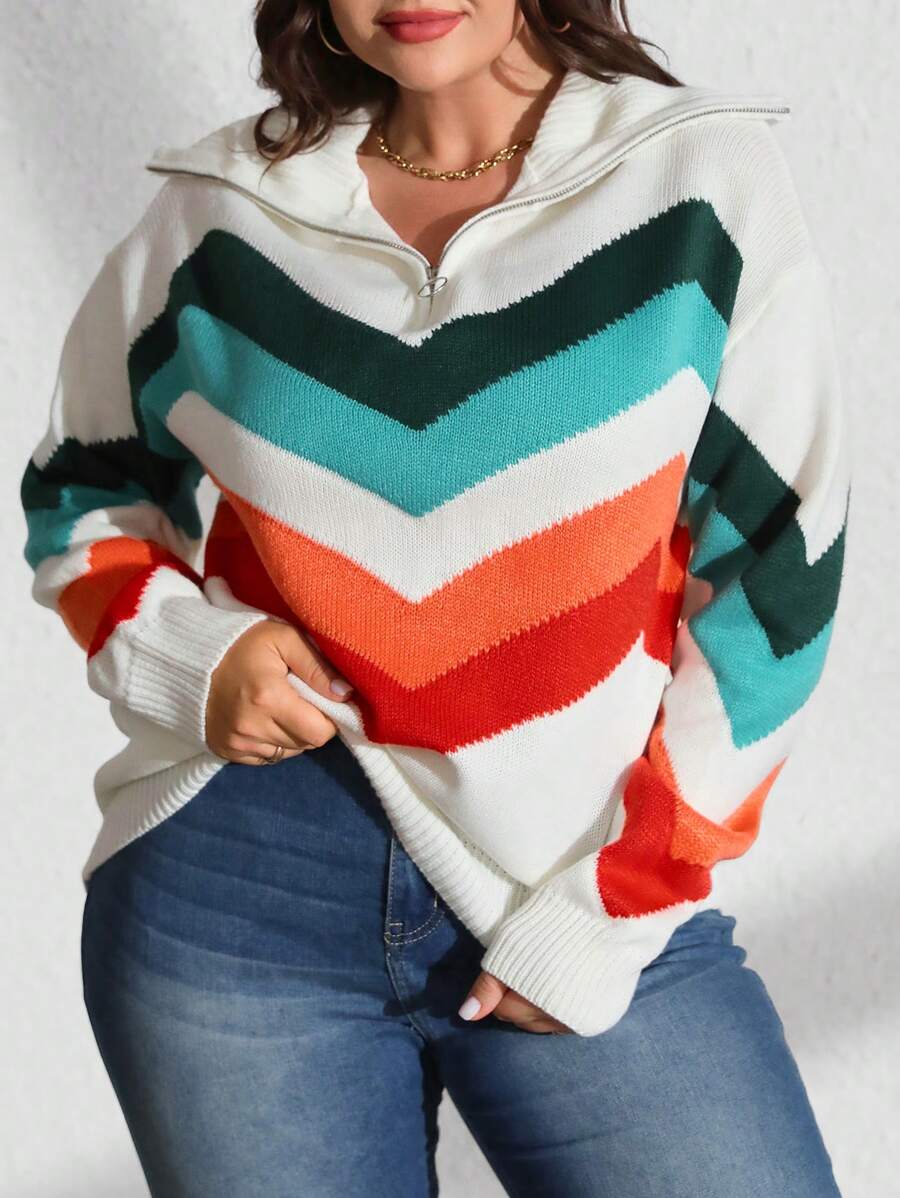 SHEIN LUNE Plus Size Women's Contrast Color Turtleneck Zip-Up Knitted Pullover Sweater, Casual Minimalist Style, Suitable For Halloween, New Year, Valentine's Day, Thanksgiving, Christmas, Easter, National Day, Gala, New Year's Eve, For Winter  Fall Outfit