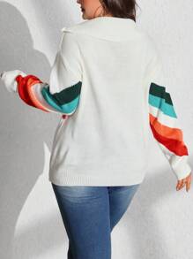 SHEIN LUNE Plus Size Women's Contrast Color Turtleneck Zip-Up Knitted Pullover Sweater, Casual Minimalist Style, Suitable For Halloween, New Year, Valentine's Day, Thanksgiving, Christmas, Easter, National Day, Gala, New Year's Eve, For Winter  Fall Outfit