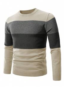 Manfinity Homme Men's Contrast Color Crew Neck Casual Classic Long Sleeve Knitted Pullover - Khaki - View 3