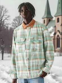 Manfinity VCAY 男士梭织时尚休闲格子拼接宽松长袖羊毛夹克，适合秋冬 - 彩色 - 查看 3