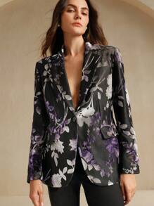 Anewsta Oversized Printed Blazer Jacket In Purple & Black, High-End Urban Style For Autumn/Winter For Holiday Party Clothes - Black - View 4