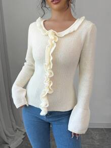 Chiquease Jersey ajustado de cuello redondo con volantes y mangas campana en color liso otoñal