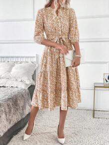 SHEIN Clasi 女式长款碎花立领连衣裙 超长度假海滩装 - 橘色 - 查看 3