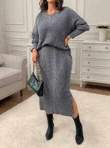 Calvaya Plus Size Women 2pcs Thicken Knitted Loose Plus Size Top And Skirt Set, Long Sleeve Crew Neck Pullover Sweatshirt And Floral Pattern Skirt, Casual Home Set For Autumn/Winter - Dark Grey - View 1