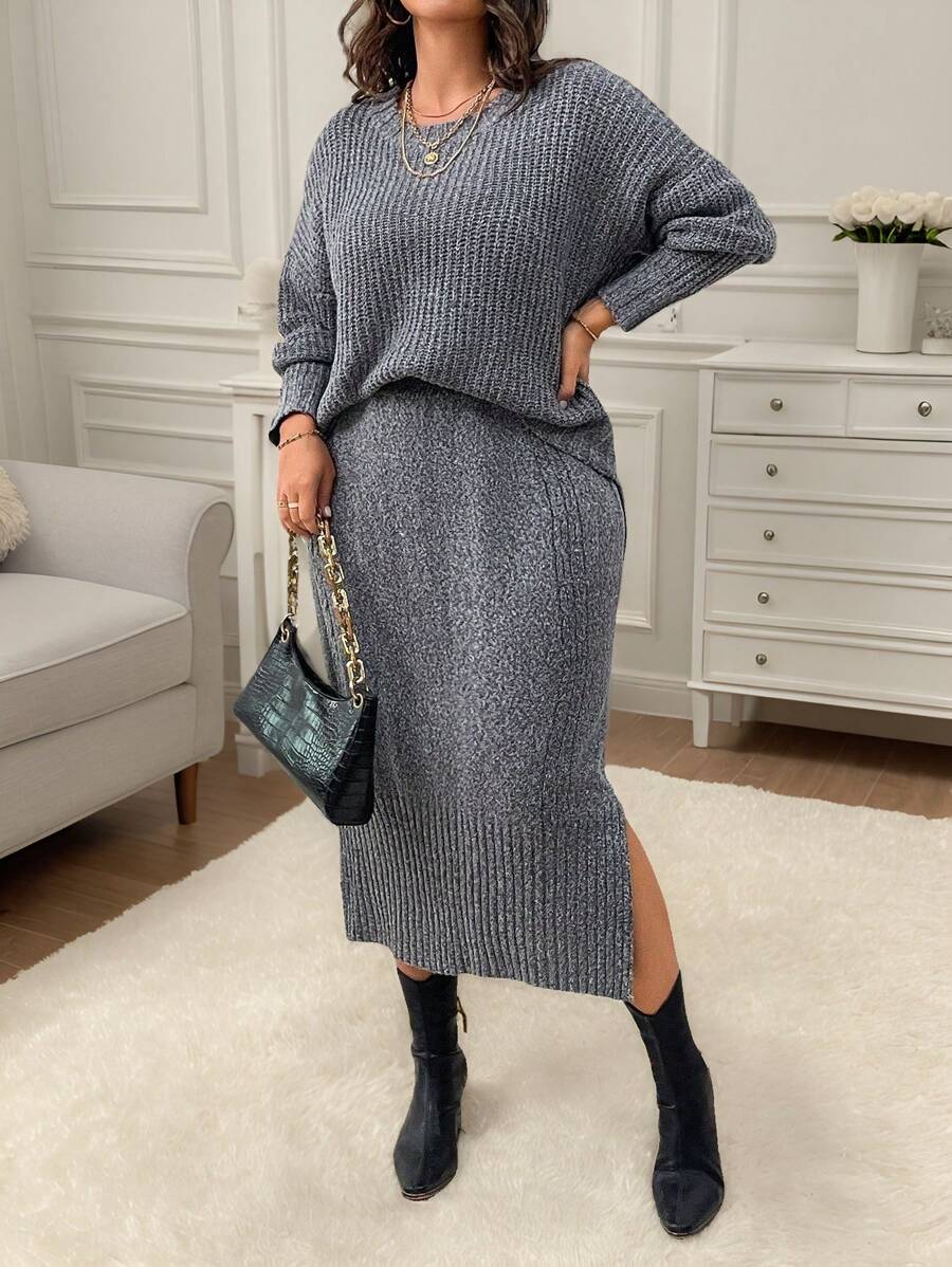 Calvaya Plus Size Women 2pcs Thicken Knitted Loose Plus Size Top And Skirt Set, Long Sleeve Crew Neck Pullover Sweatshirt And Floral Pattern Skirt, Casual Home Set For Autumn/Winter - Dark Grey - View 1