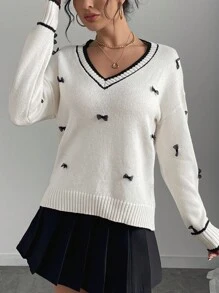SHEIN Unity Casual Bow Decor Colorblock V-Neck Sweater For Women Knit Pullover Fall Winter - Beige - View 4