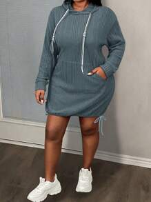 Slaydiva Casual & Homewear Plus Size Women Pumpkin Color Kangaroo Pocket Contrast String Hooded Sweatshirt Dress, Autumn/Winter