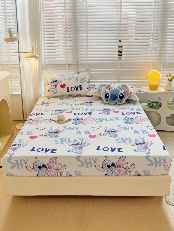 Disney Juego de sábanas ajustadas de 2 o 3 piezas con estampado de Stitch, ropa de cama de Disney, accesorios de Stitch, protector de colchón, edredón, sábanas, juego de ropa de cama, textil acogedor para el hogar, protector de colchón transpirable y antipelusas, juego de edredón con estampado de dibujos animados, sábana suave para la piel, de vuelta a la escuela