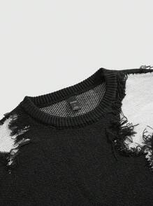 ROMWE MEN Street Life Men's Crew Neck Long Sleeve Color Block Patchwork Casual Pullover Sweater - Black - View 3